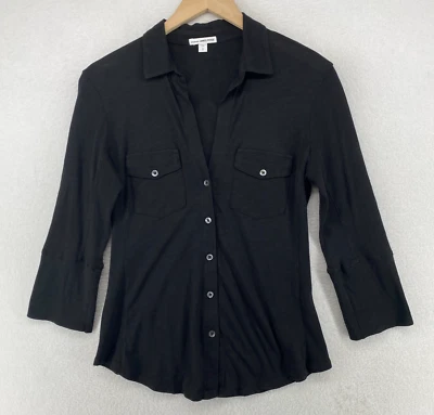 Camisa feminina James Perse 2 M Supima algodão utilitário botão para cima manga 3/4 preta EUA - Imagem 1 de 4