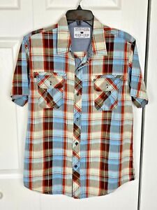 Pop Icon Men's Clothing For Buckle Brown/Blue/Red Plaid Short Sleeve Shirt M