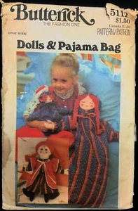 80s One Size Dolls & Pajama Bag Butterick 5112 Pattern Transfer Vintage - Foto 1 di 2