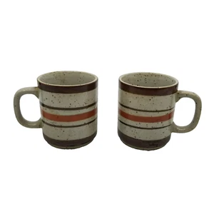 VTG Stoneware Coffee Mugs Beige Black Orange Stripe Moriage Speckled Cups MCM - Picture 1 of 4