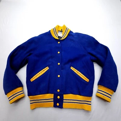 Vtg DeLong Varsity Jacket Mens 40 Letterman Wool Blue Yellow Stadium USA 80s - Image 1 of 4