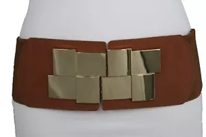 Fancy Women Dressy Fashion Wide Brown Elastic Belt Gold Metal Retro Buckle S M - Picture 1 of 12