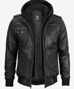 Lederjacke für Herren Original Lammfell Leder Bikerjacke mit Kapuze S-3XL - Bild 1 von 5
