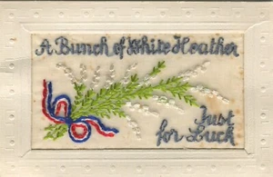 ERSTER WELTKRIEG, WEISSE HEIDEKRAUT, NUR ZUM GLÜCK - Bestickte Seide Gruß Postkarte - Bild 1 von 2