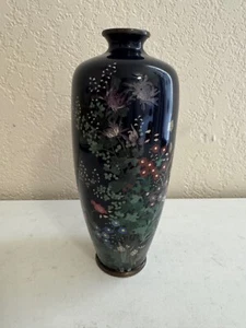 Antique Japanese Fine Deep Navy Blue Cloisonne Vase w/ Flowers Decoration - Picture 1 of 17