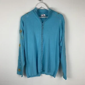 Quacker Factory Womens XL Knit Sweater Jacket Full Zip Beaded Stars Blue - Picture 1 of 4