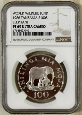 Tanzania 1986 Silver 100 Shilingi Coin Nyerere WWF Elephant NGC Proof PF 69 UC - Image 1 of 2