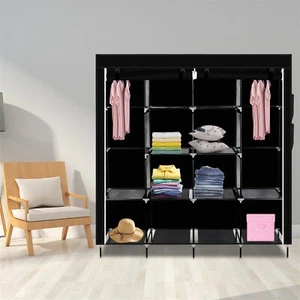 67" Clothes Closet Portable Wardrobe Storage 12 Shelves 4 Side Pockets Black - Picture 1 of 19