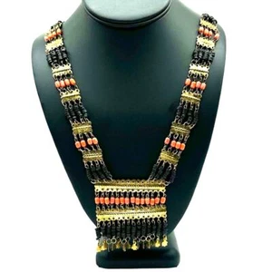 Collana di perline bavaglino revival egiziano vintage tono oro nero arancione 24" - Foto 1 di 4