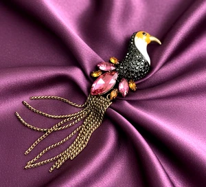 Vintage Brooch Bird of Paradise Kingbird Silver Metal Crystal Enamel zz - Picture 1 of 13