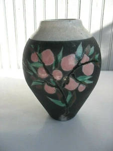 Signed Art Pottery vase 8 1/2" Cherry Blossoms Flowers Fruit Leaves - Picture 1 of 7