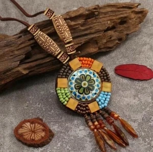 Collar Boho Chic Resina Mandala Cuentas con Borla Colgante Circular Colorida - Imagen 1 de 4