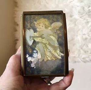 Hand Crafted In Mexico Brass & Blue Glass Trinket Box Angel W Heart Key - Picture 1 of 19
