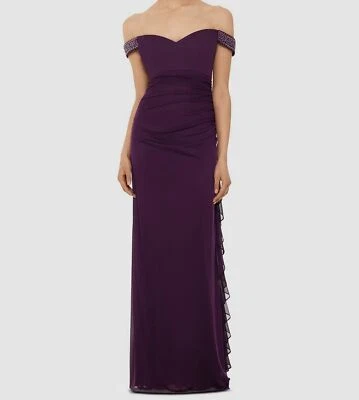 $139 Betsy & Adam Women's Purple Ruched Off The Shoulder Gown Dress Size 8 - Image 1 of 4