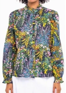 Banjanan Chrissie Shirt Loki's Garden Black Floral Medium Ruffled Anthropologie - Picture 1 of 12