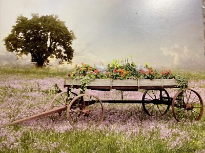 BLANK card vintage wagon sitting in a field of flowers - Image 1 of 2