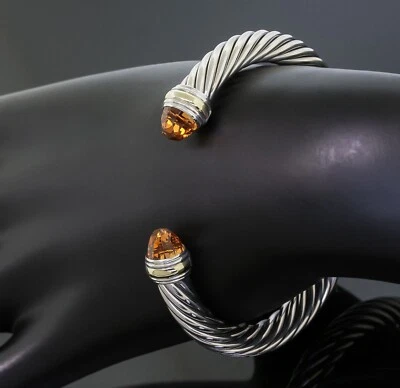 David Yurman Yellow Citrine 7mm Cable Classic Bangle Bracelet 925Silver 14K Gold - Image 1 of 4
