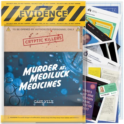Cryptic Killers Unsolved mystery game - Murder at Mediluck Medicines - Image 1 of 4