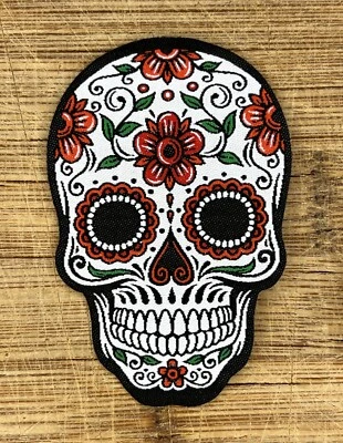Sugar Skull Iron On Applique Patch Dia De Los Muertos 3x2 Inch Red Black White - Image 1 of 3