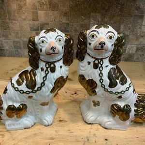 Antikes englisches Staffordshire Porzellan Lustreware King Charles Spaniel Hunde 12" - Bild 1 von 24