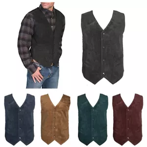 Gilet uomo in pelle scamosciata morbido casual chiusura a 4 scatti western tasche anteriori top senza maniche - Foto 1 di 38
