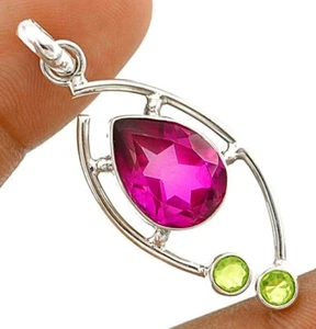 5CT Double Color Tourmaline Quartz & Peridot 925 Sterling Silver Pendant - Picture 1 of 1