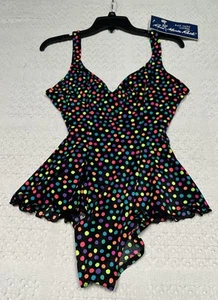 Traje de baño y encubrimiento retro vintage Rose Marie Reid talla 12 negro lunares coloridos nuevo con etiquetas - Imagen 1 de 15