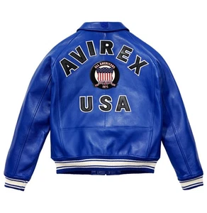 New Mens Avirex Blue USA Icon Genuine Cowhide Leather Bomber Biker Flight Jacket - Picture 1 of 6