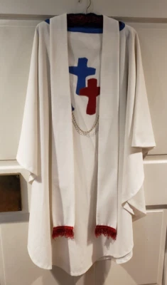 PRIEST CLERGY VESTMENT CHASUBLE & STOLE RED WHITE & BLUE LOVELY CHI RHO - Image 1 of 4