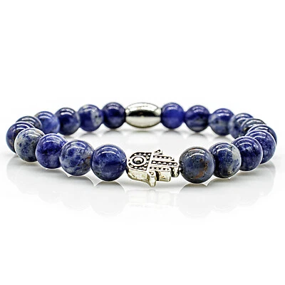 Sodalith Armband Bracelet Perlenarmband Hand Fatima Silber blau 8mm Edelstahl - Bild 1 von 2