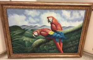 Beautiful Oil On Canvas Painting, Scarlet Macaws, 24 X 36” - Picture 1 of 12