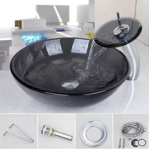 Set rubinetto cascata ciotola vetro temperato rotondo lavandino bagno nero USA - Foto 1 di 11