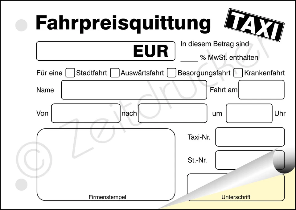Taxi-Fahrpreisquittung, Quittung, SD-Sätze 2fach DIN A6 Block á 40 Blatt