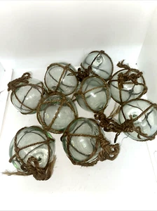Vintage 9er Set Japanische Glas Angelschwimmer mit Netzen Meer Grün - Bild 1 von 9