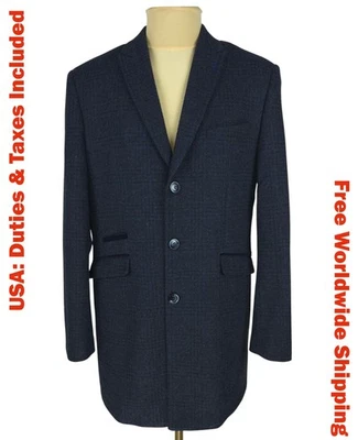 House of Cavani Mens Navy Check Wool Blend Coat Overcoat Size UK/US 40 | EU 50 - Image 1 of 4