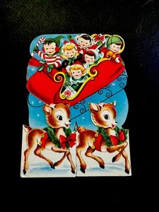 1 trineo de tarjetas de felicitación de Navidad de colección lleno de niños felices dibujados por 4 ciervos muy lindos - Imagen 1 de 3