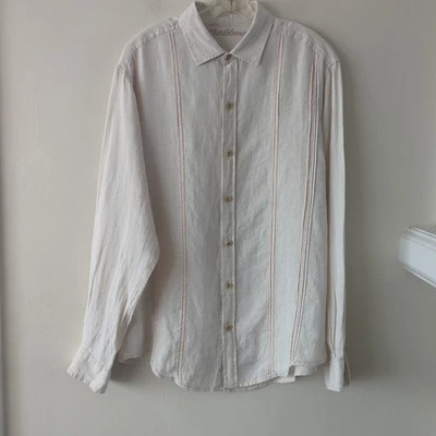 Camisa Caribeña Para Hombre Mediana Lino Marfil Naranja Azul Abotonada Manga Larga Informal Foto 1 de 4