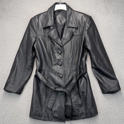 Jacqueline Ferrar Leather Jacket Womens Small Black Belted Button Up Coat - Image 1 of 4