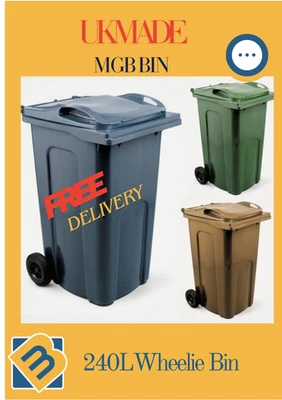 British Made Wheelie Bin 240L Grey Green Blue Brown MGB made in UK FREE DELIVERY - Image 1 of 4