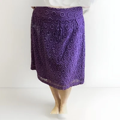 Garnet Hill Royal Purple Tatted Circles Lace A-Line Skirt Cotton Silk Lined 16 - Image 1 of 4