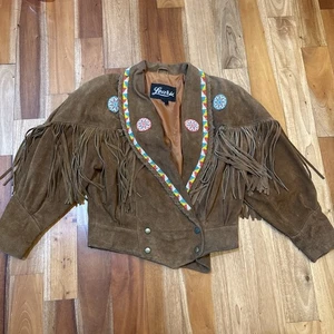 Vintage Learsi Jacke Damen klein braun Fransen Wildleder Leder Biker indisch aztekisch - Bild 1 von 16