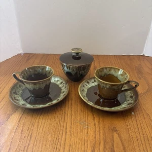 VTG Cannonsburg Like Pottery Brown Drip Glaze Set- 2 Cups And Saucers Sugar Bowl - Picture 1 of 13