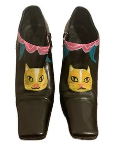 Prada Authentic Black Leather Bespoke Cat Print Painted Booties Boots Heels 8 - Picture 1 of 8