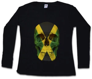 JAMAICA JAMAICAN SKULL FLAG DAMEN LANGARM T-SHIRT Jamaika Rasta Fahne Biker - Picture 1 of 1