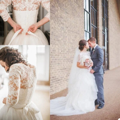 Brautkleid Hochzeitskleid Spitze 3/4 Arm A-Linie Maßgeschneidert 38 40 42 44 - Bild 1 von 4