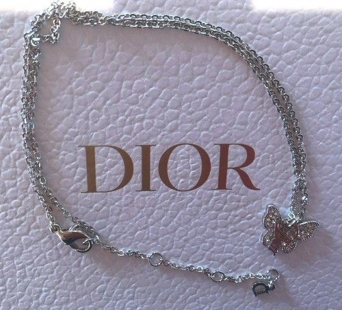 CHRISTIAN DIOR Necklace Chain Pendant AUTH Logo butterfly Silver F S Cute SN65