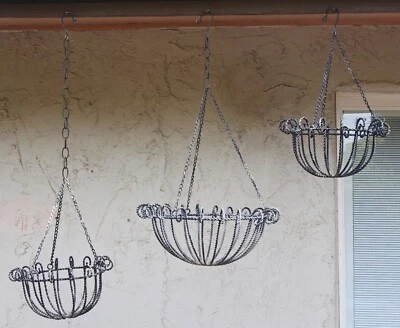 Set of 3 Vintage Victorian Style Scrolled Metal Wire Hanging Planter Basket - Image 1 of 4
