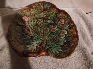 ANTIQUE MAJOLICA GREEN BROWN PINK LEAF DISH/PLATE MARKED 9IN RELEAF PAT. - Picture 1 of 4