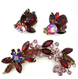 Beau Jewels Brooch Earrings Set Red Pink AB Rhinestone Givre Molded Glass - Picture 1 of 12