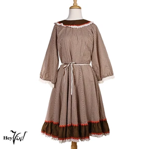 Vestido Pradera Malco Modes Vintage Marrón Blanco Cuadros Ric Rac Borde Ojales Talla 14 - Imagen 1 de 9